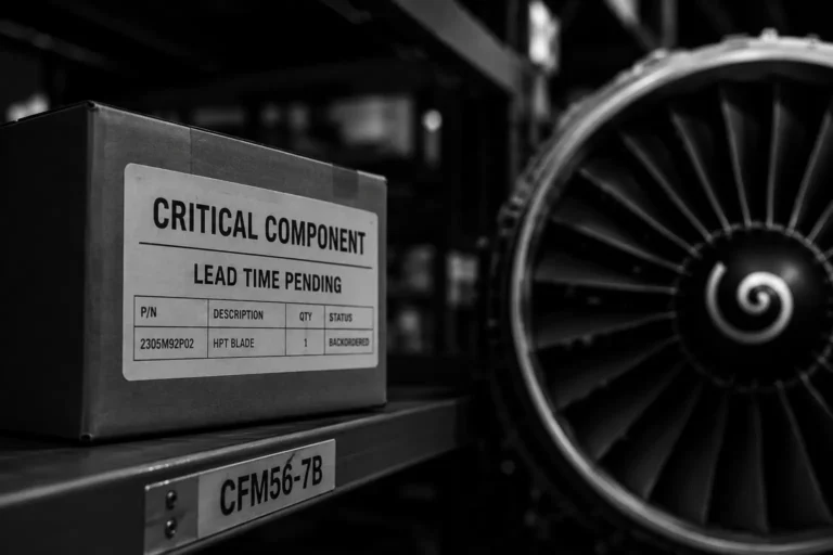 Boxed HPT blade marked backordered on a CFM56-7B shelf beside an engine fan, illustrating the CFM56 supply chain. Aviation, GCC Media.