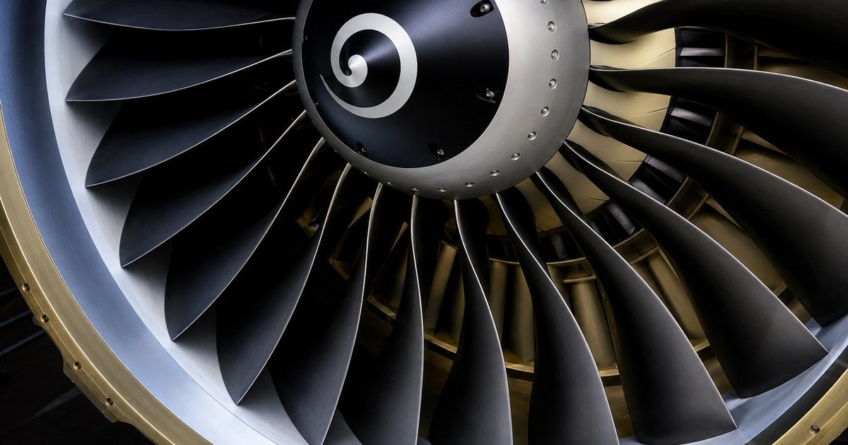 Close view of a CFM56 fan module and blade set. Aviation, GCC Media.
