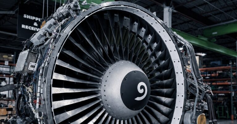 CFM56 engine suspended on a shop crane in an MRO facility. Aviation, GCC Media.