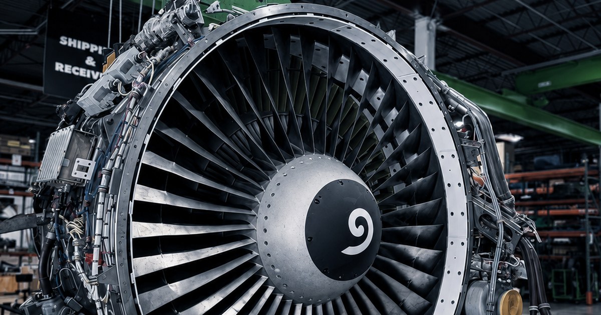 CFM56 engine suspended on a shop crane in an MRO facility. Aviation, GCC Media.