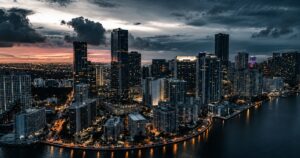 Miami skyline and Brickell waterfront at dusk. Aviation, GCC Media.