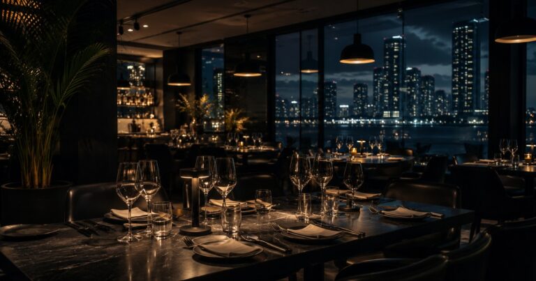 Dining room at night with the Miami skyline beyond the windows. Hospitality, GCC Media.