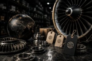 CFM56 engine components and a globe on a warehouse table, each part tagged, showing how CFM56 material moves through global brokers. Aviation, GCC Media.
