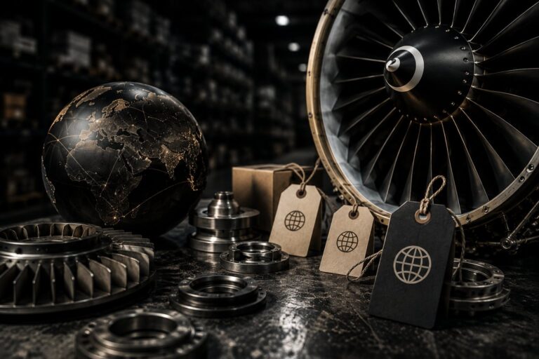 CFM56 engine components and a globe on a warehouse table, each part tagged, showing how CFM56 material moves through global brokers. Aviation, GCC Media.