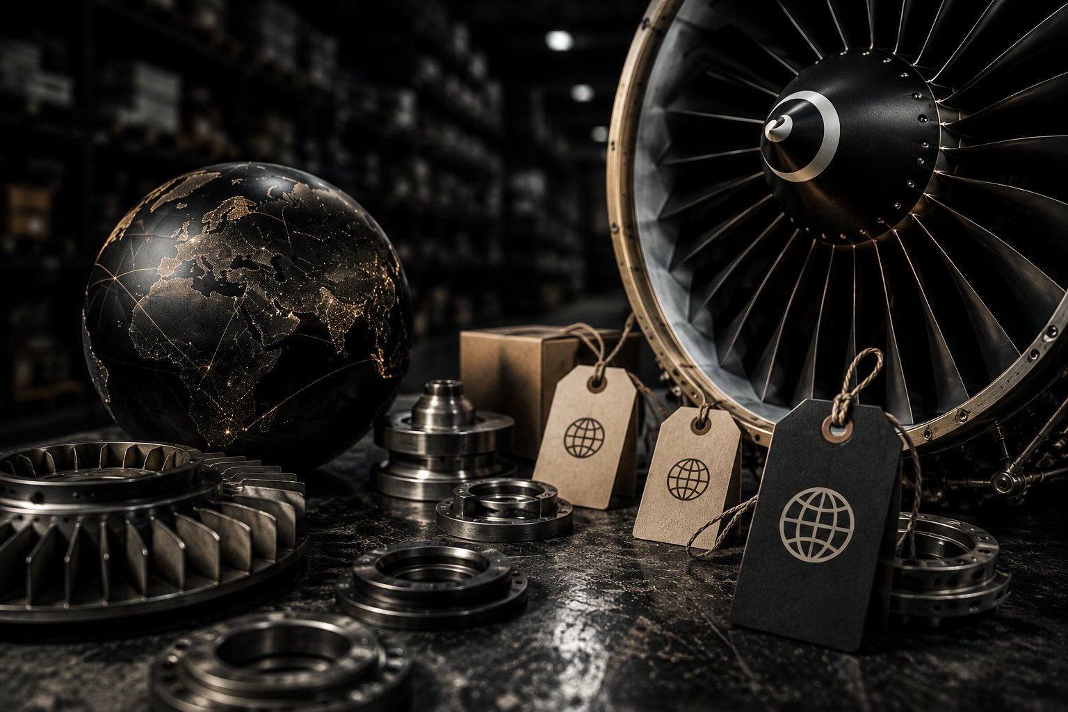 CFM56 engine components and a globe on a warehouse table, each part tagged, showing how CFM56 material moves through global brokers. Aviation, GCC Media.