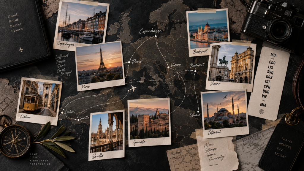Illustrated travel map with photographs of European cities